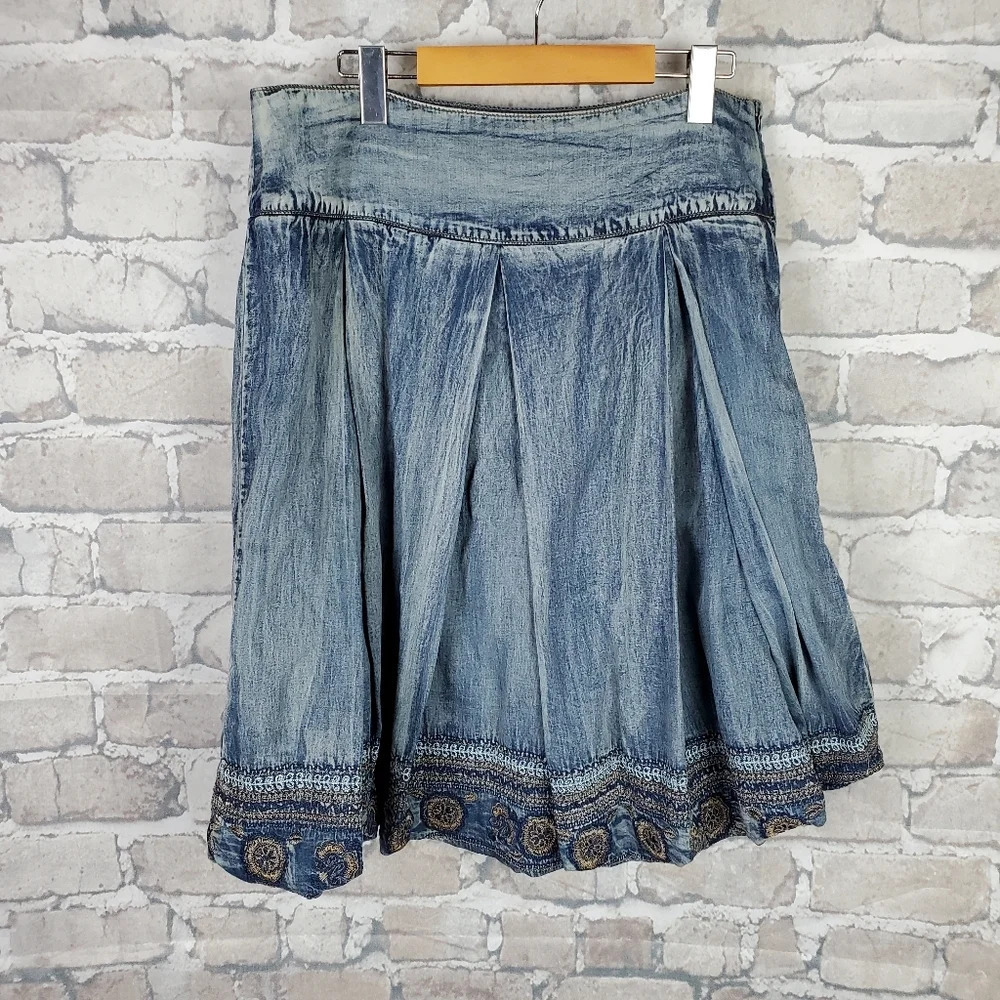 Vintage Blue Denim A-Line Skirt with Embroidered Hem